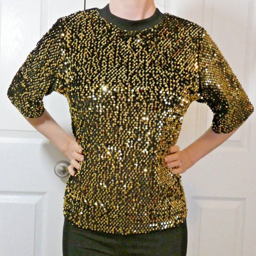 Tu Gold Sequins Blouse Women Size 8 Party Top Cocktail Dinner Dance Date Night